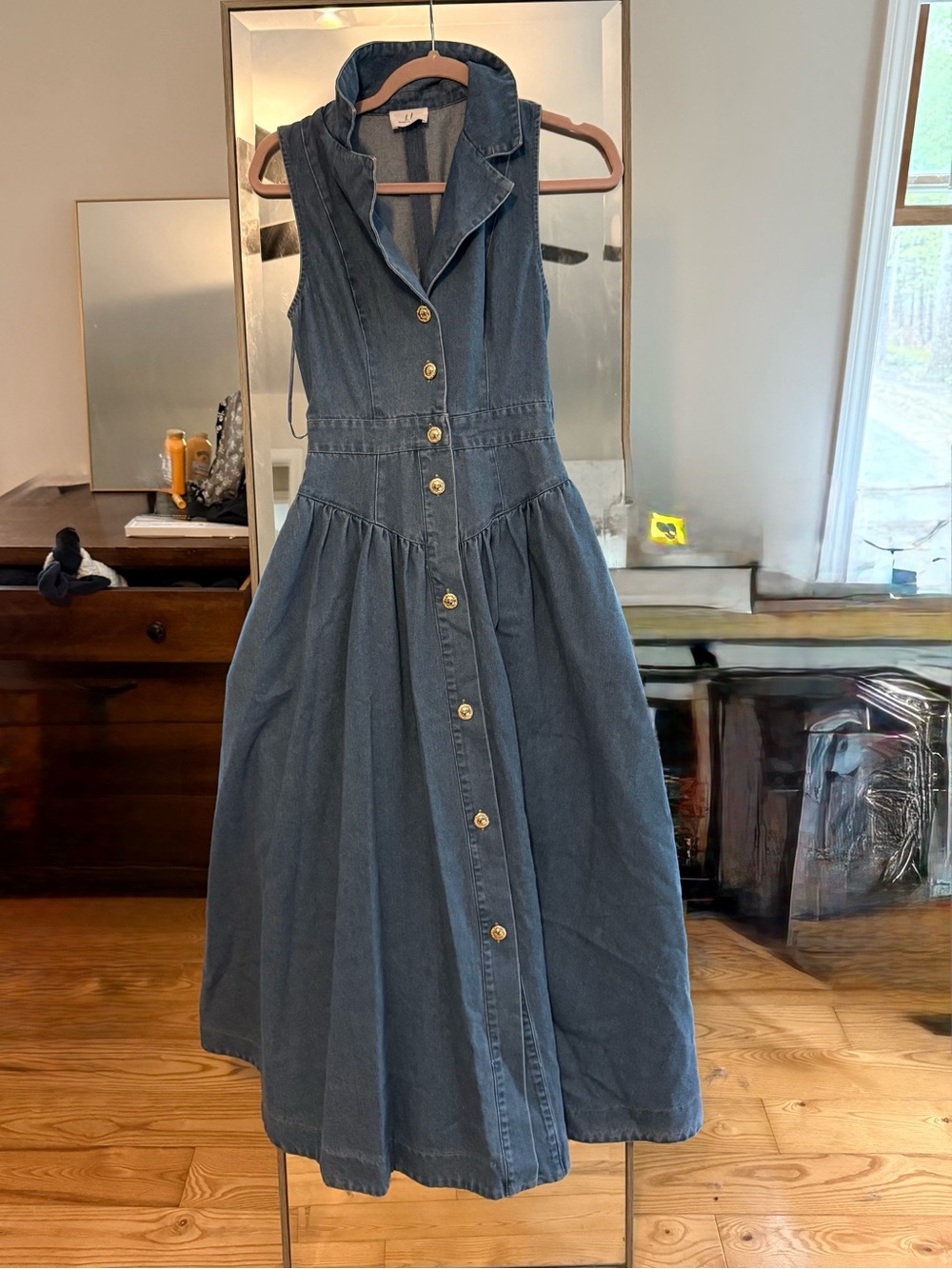 Sleeveless Button-Front Denim Midi Dress - Blue